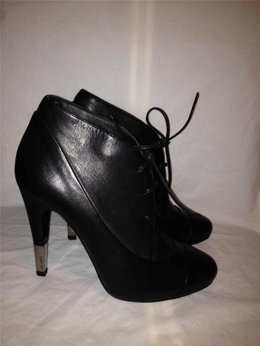 Pre-owned Chanel 13b Black Leather Metal Heel Logo Cap Toe Lace Up Ankle Boots Shoes $1495