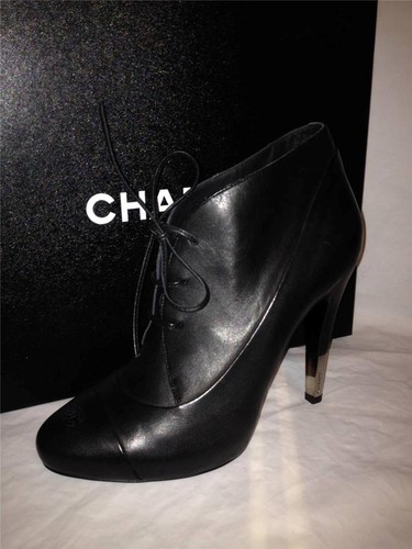 Pre-owned Chanel 13b Black Leather Metal Heel Logo Cap Toe Lace Up Ankle Boots Shoes $1495