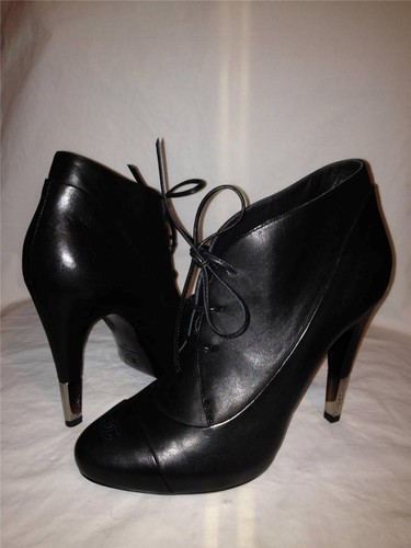 Pre-owned Chanel 13b Black Leather Metal Heel Logo Cap Toe Lace Up Ankle Boots Shoes $1495