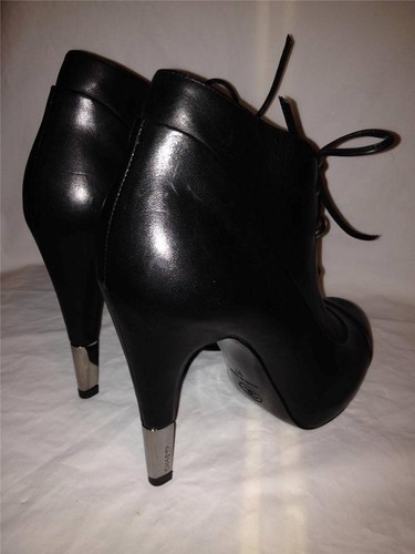 Pre-owned Chanel 13b Black Leather Metal Heel Logo Cap Toe Lace Up Ankle Boots Shoes $1495