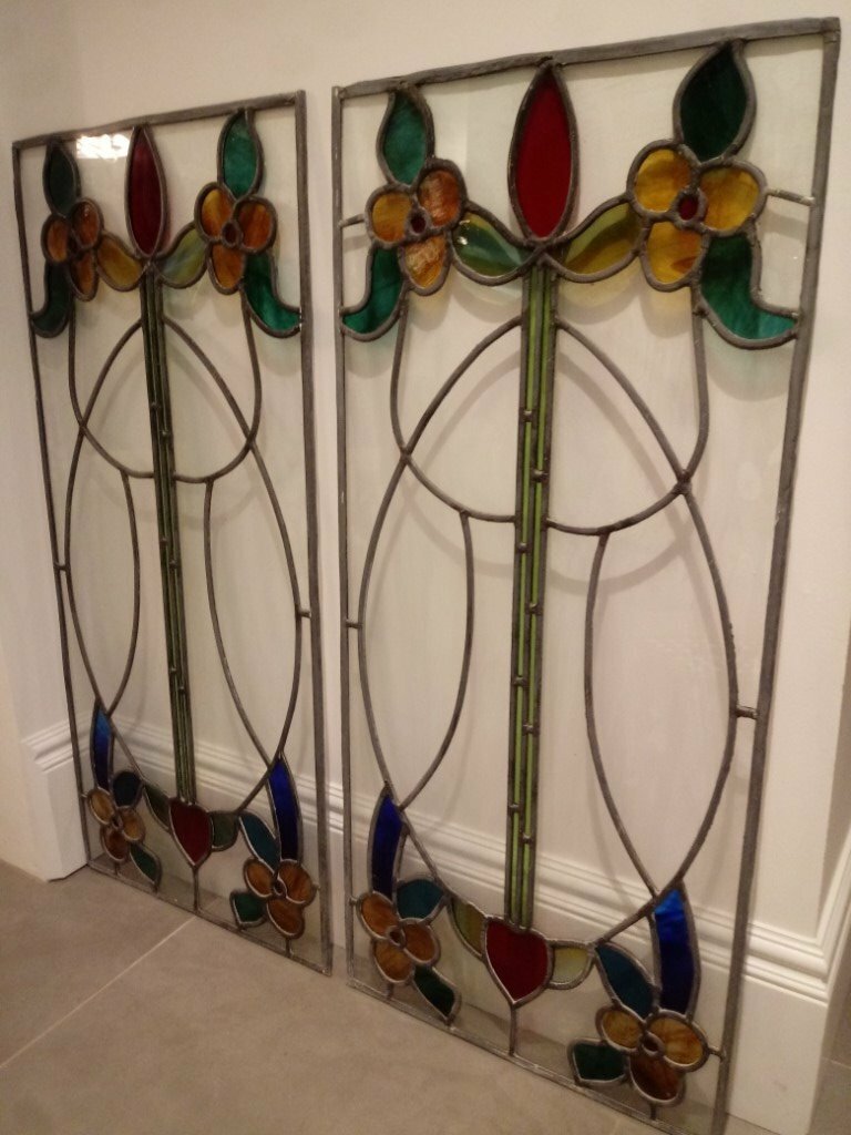 2 x Hand Made Stained Glass Leaded Window Panes (Circa 1860) 30" x 18