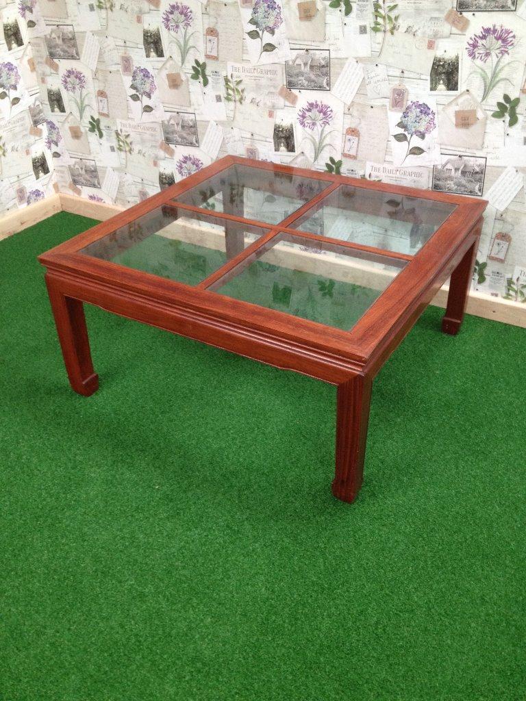 SOLID MAHOGANY GLASS TOP COFFEE TABLE, WITH 4 SQUARE GLASS PANELS in