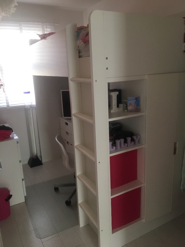 Ikea white high cabin bed with plenty of storage. 2 drawers, small