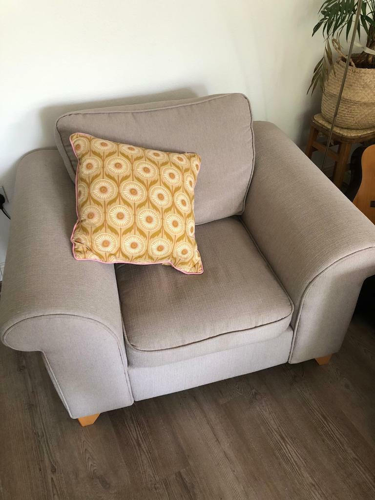 Excellent condition DFS armchair. Stone colour. Matching three seat