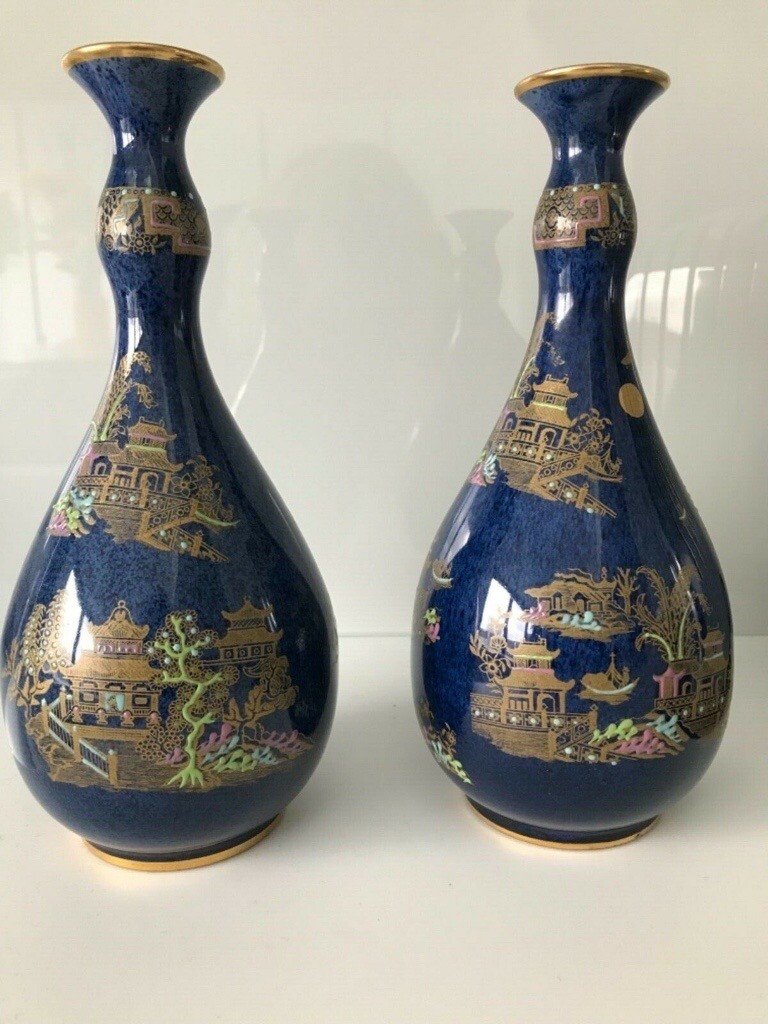 VGC Rare Carlton Ware Pair Of Vases Blue Chinoiserie Kang Hsi Pattern