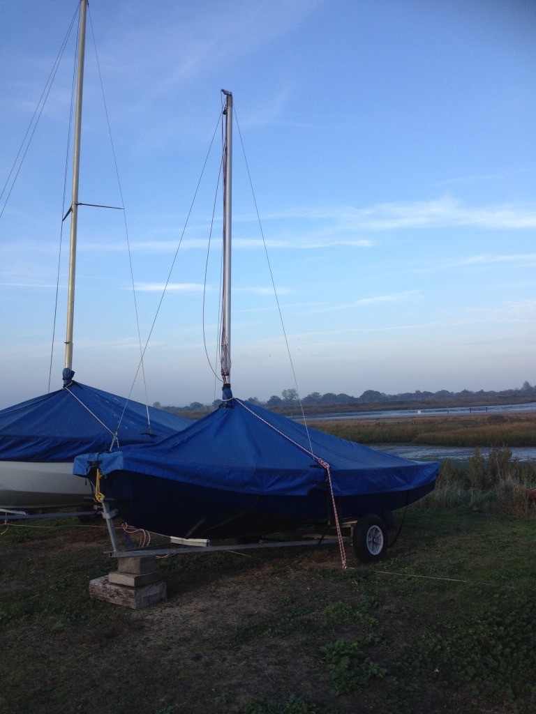 Mirror dinghy with good launching trolley and a road trailer. in