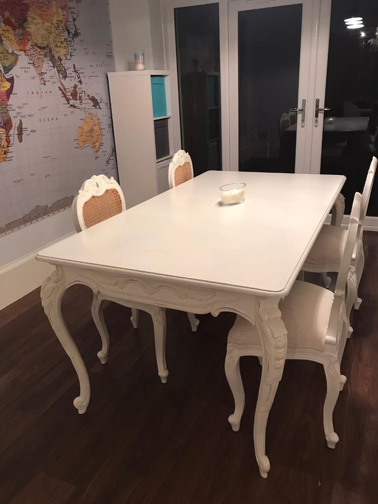 French antique hard carved matching white dining table and chairs set