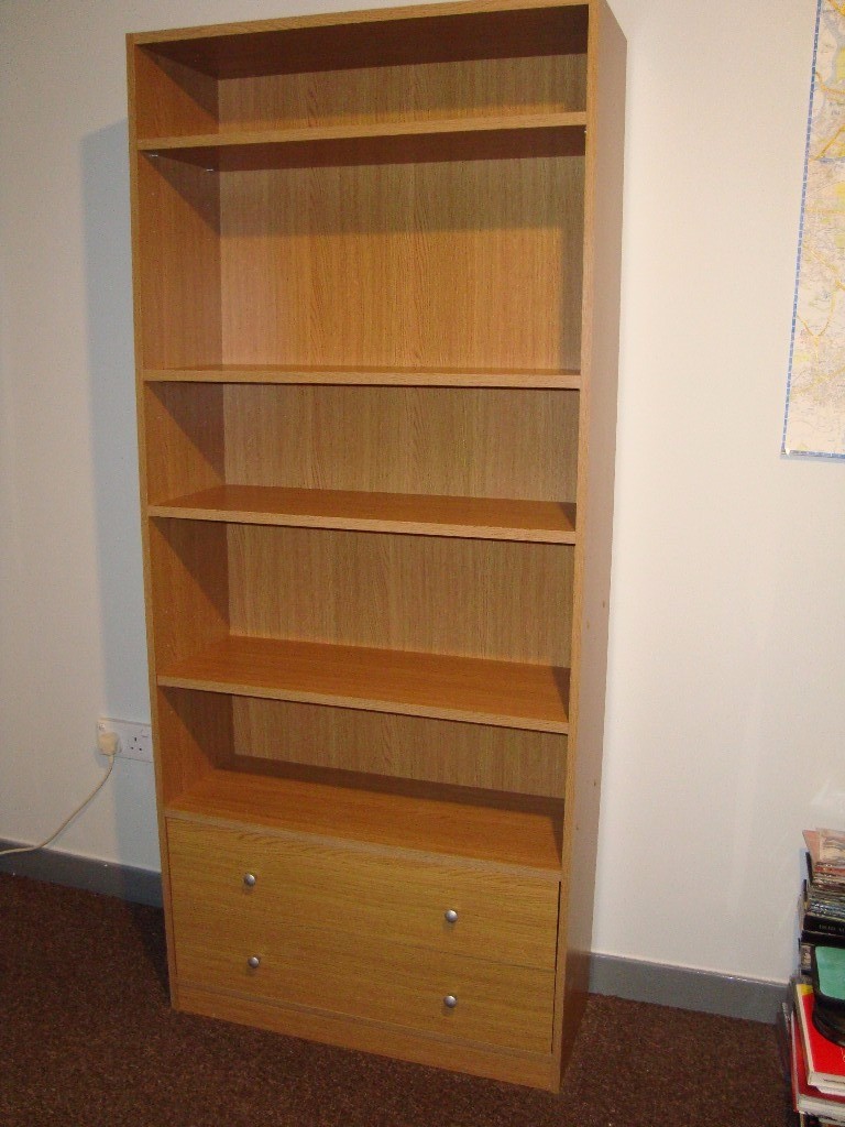 5 Shelf 2 Drawer Extra Deep Bookcase Oak Effect in