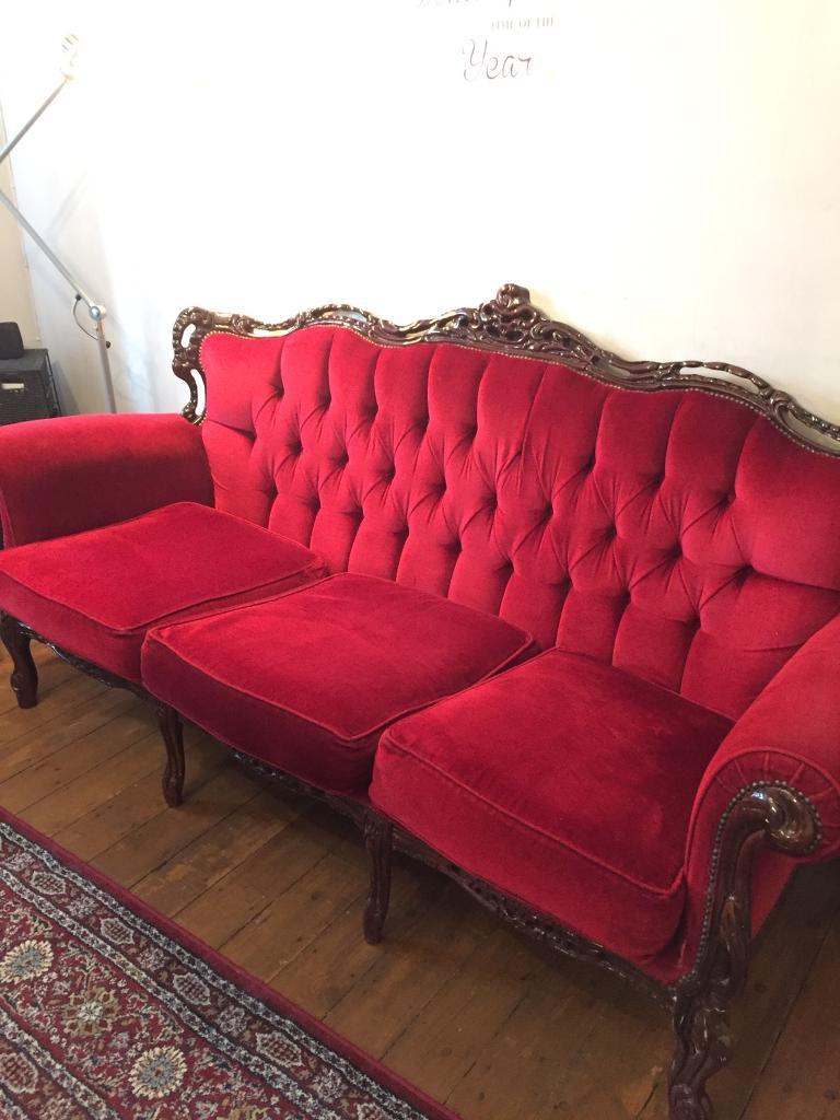 Vintage 3 Seater Sofa French Louis Style Fabric Chesterfield Settee