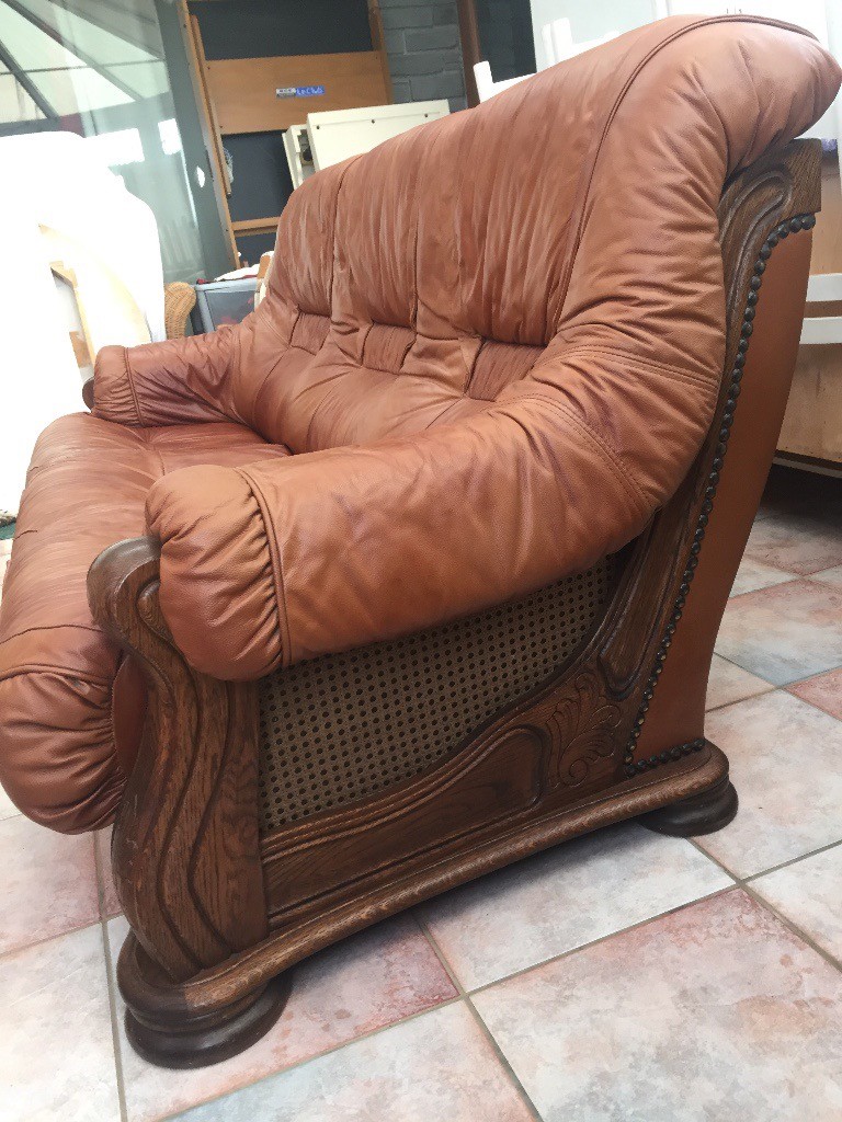 Italian Leather & Hand Carved Oak Frame Sofa with Stud Detail Vintage