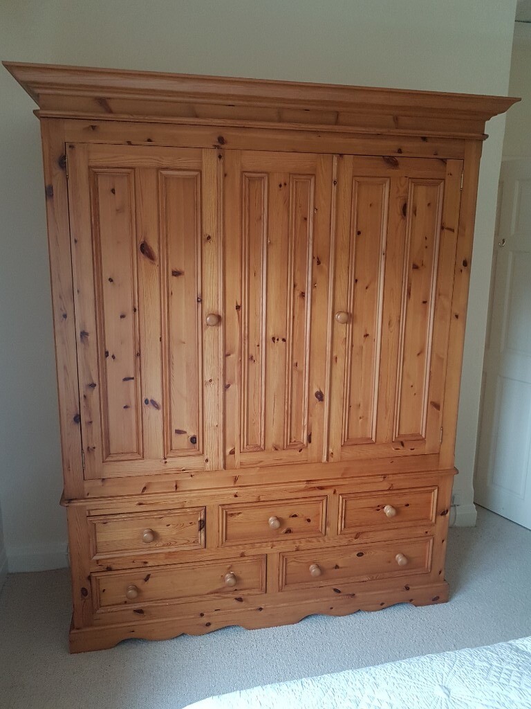 Solid antique solid pine large triple wardrobe, with 5 drawers