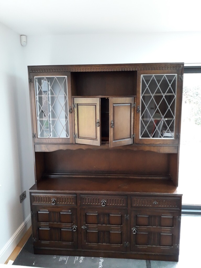 Vintage glass fronted dark oak dresser in Lutterworth, Leicestershire