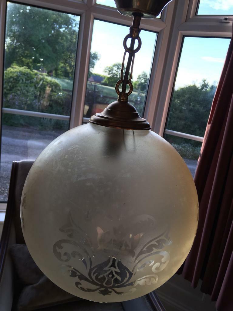 Used pair of traditional pendant light fittings with etched/frosted
