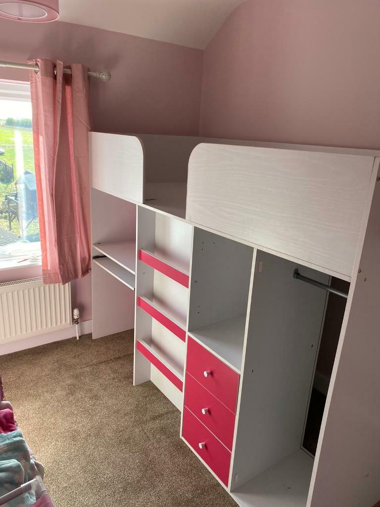 Girls Miami fresh mid sleeper bed with desk draws cupboard and wardrobe
