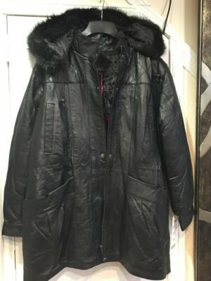 Pre-owned Midnight Velvet Women's Winter Church 100% Lambskin Leather Hooded Faux Fur Jacket Coat Plus 3xl In Black