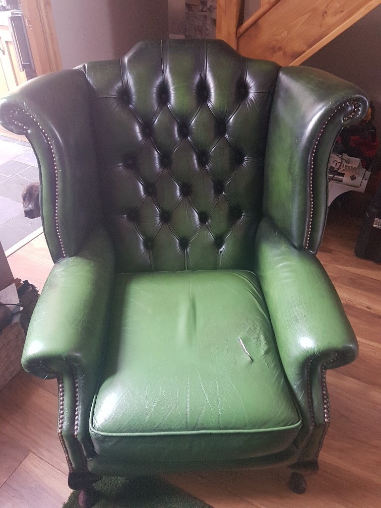 Green chesterfield armchairs and footstool in Coalville