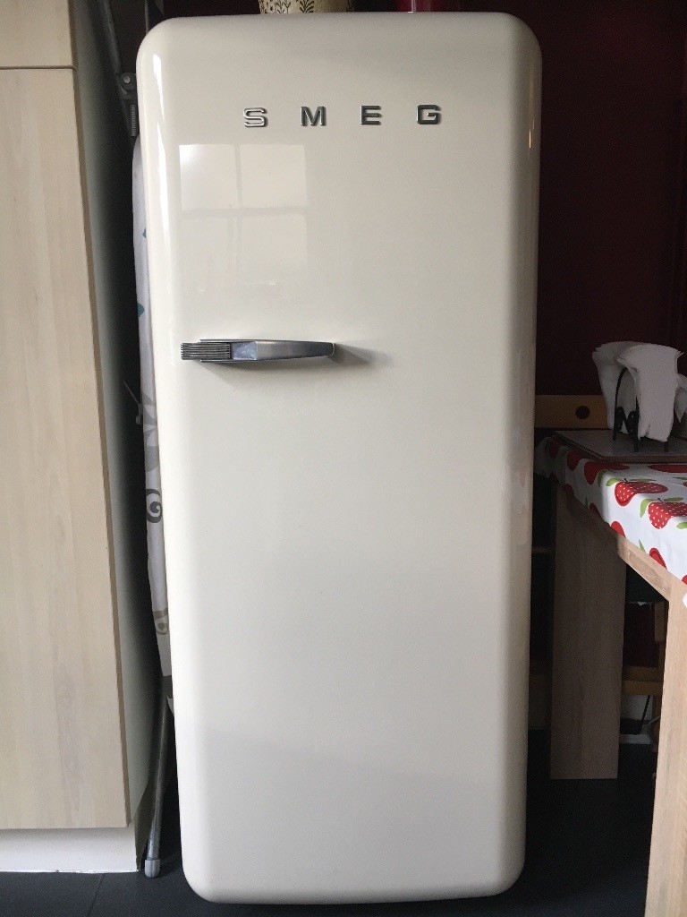 Tall, freestanding SMEG fridge with small freezer box. 148cm height
