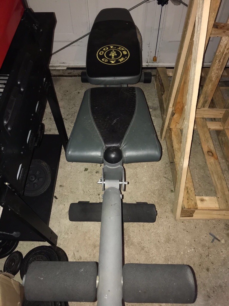 Golds gym weight bench with h rack, bar and free weights in Swindon