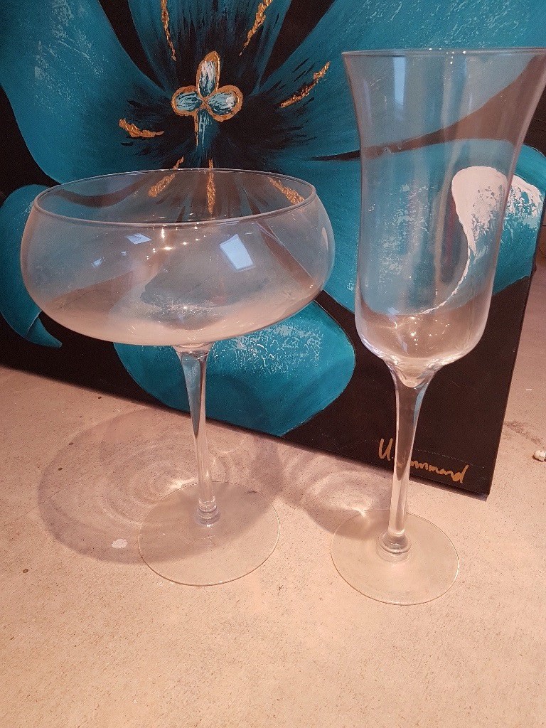Pair Of Large Glass Vases Shaped Like Cocktail And Wine Glasses