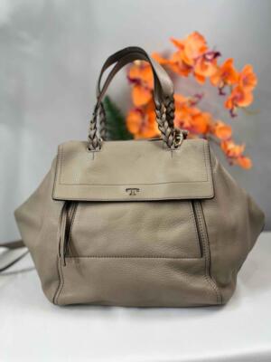 TORY BURCH Half Moon Satchel Bag in French Gray Pebble
