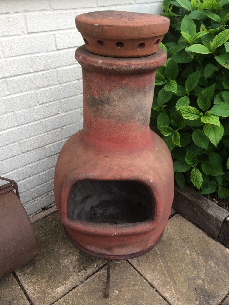 Large Clay Chiminea / Patio heater / Wood Burner with stand and lid & 2