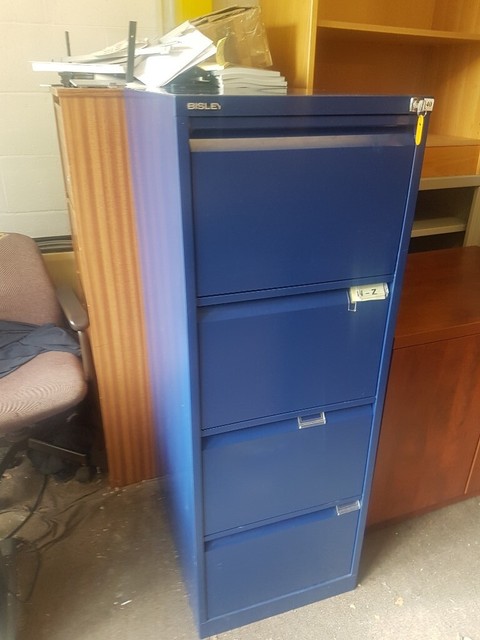 Lockable Bisley 4 Drawer Metal Filing Cabinet With Key In Blue In
