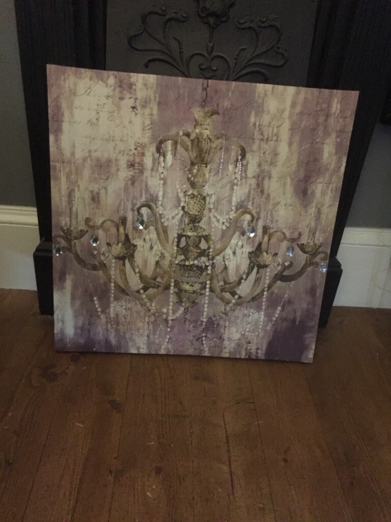 Dunelm diamante embellished purple & gold chandelier canvas print