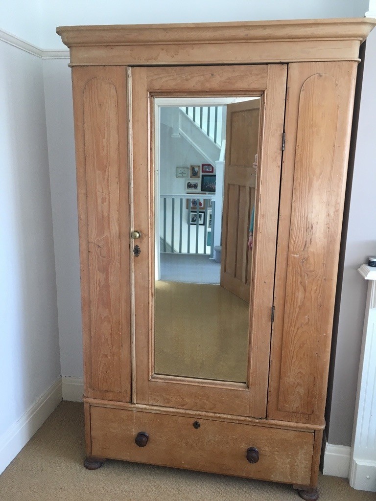 Antique Victorian Pine Wardrobe With Mirror And Drawer In
