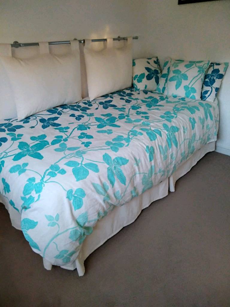 Single bed plus bedding and cushion headboard with poll ...