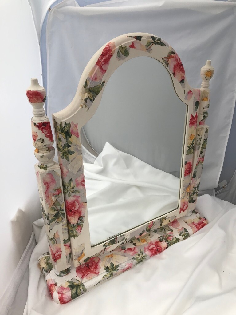Upcycled Crafted Cream Floral Decoupage Dressing Table Mirror with Tilt