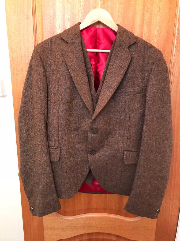 Bespoke brown tweed kilt jacket & matching waistcoat red satin lining