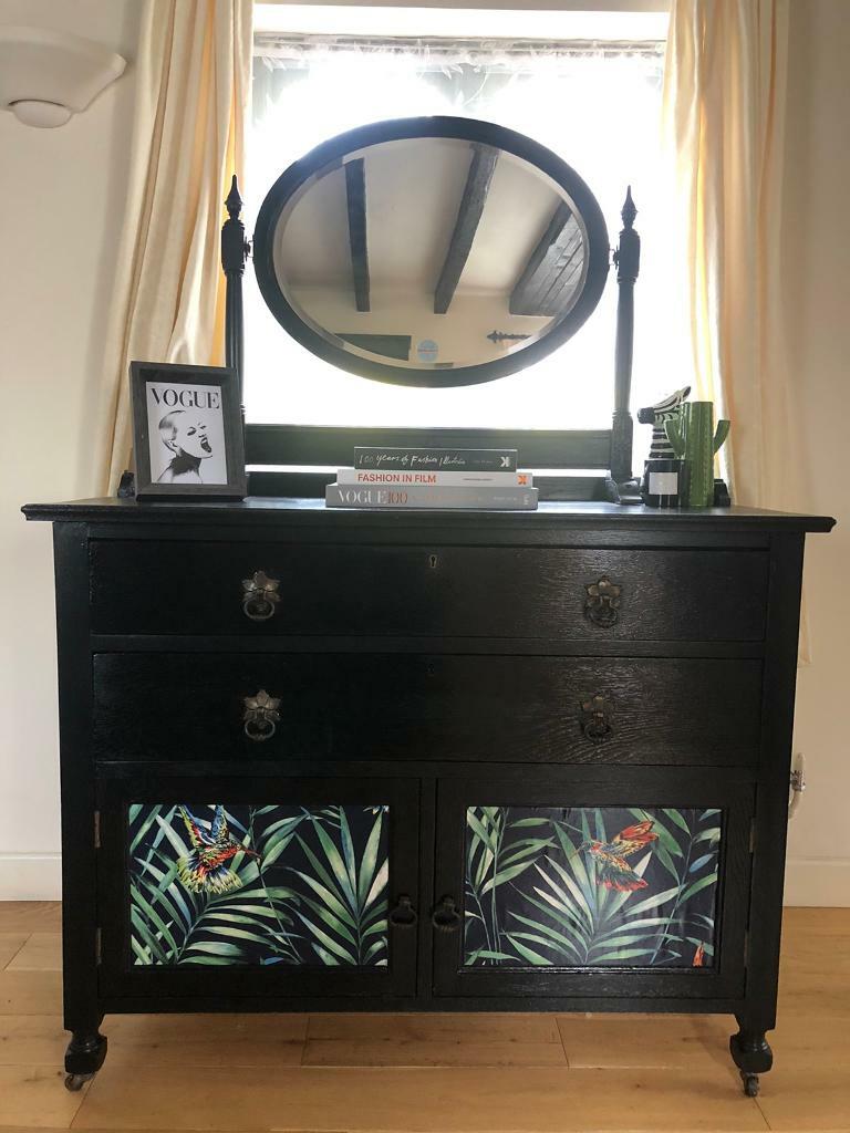 Upcycled Dresser with mirror tropical print sides and cupboard doors