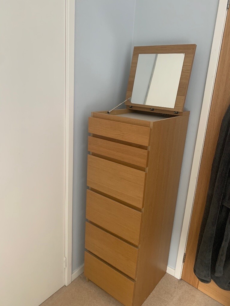 Malm Oak Veneer Mirror Glass Chest Of 6 Drawers 40x123 Cm Ikea