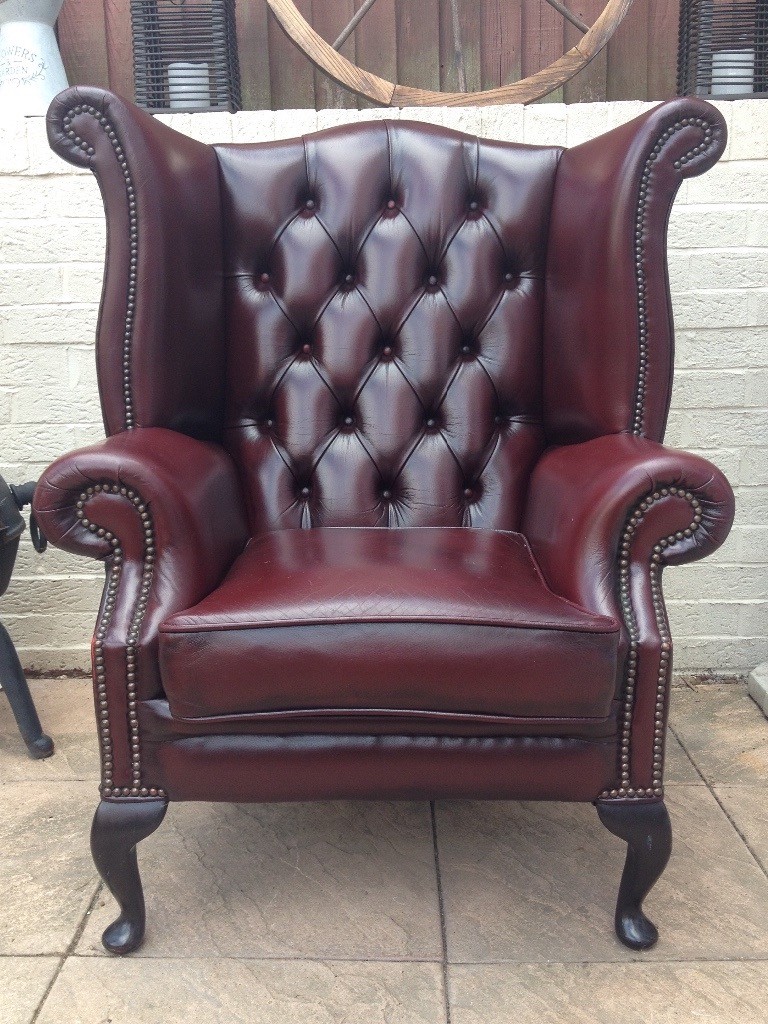 Queen Anne Chesterfield Wingback Armchair Chair in Red Leather