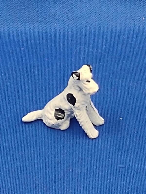 Vtg Painted Metal Black White Sitting Fox Terrier Miniature Figurine Dog 1.25"