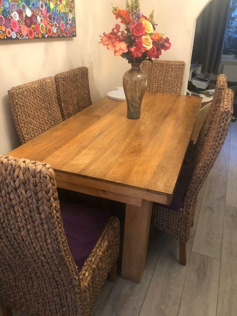 SOLID MANGO LARGE DINING TABLE AND 6 HIGHBACK SEAGRASS CHAIRS in