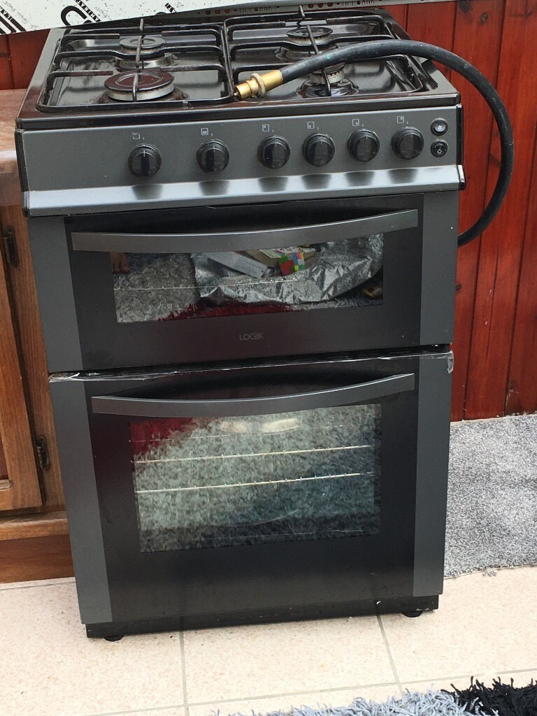 LOGIK Gas Cooker Freestanding in Black , 4 Burners, Gas Grill and Oven