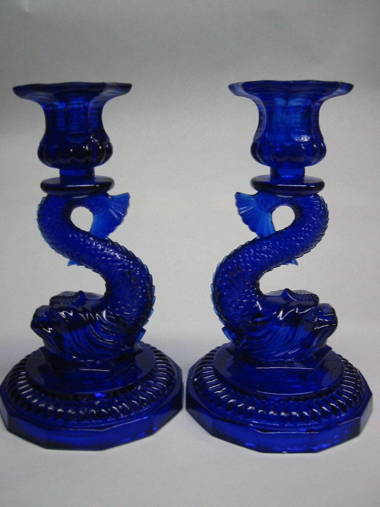 Cobalt blue Koi fish pair antique vintage art glass candle holders