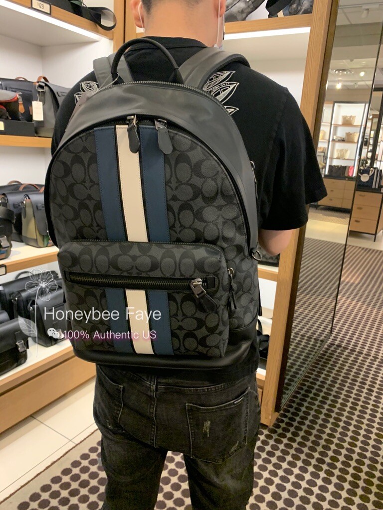 Nwt Coach Men’s West Backpack In Signature Canvas With Varsity Stripe Very Rare