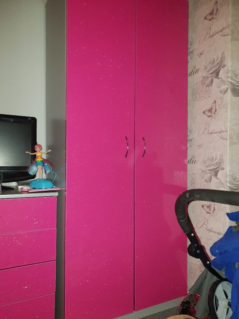 Girls Pink Glitter 3 Piece Bedroom Set Wardrobe Drawers And Bedside
