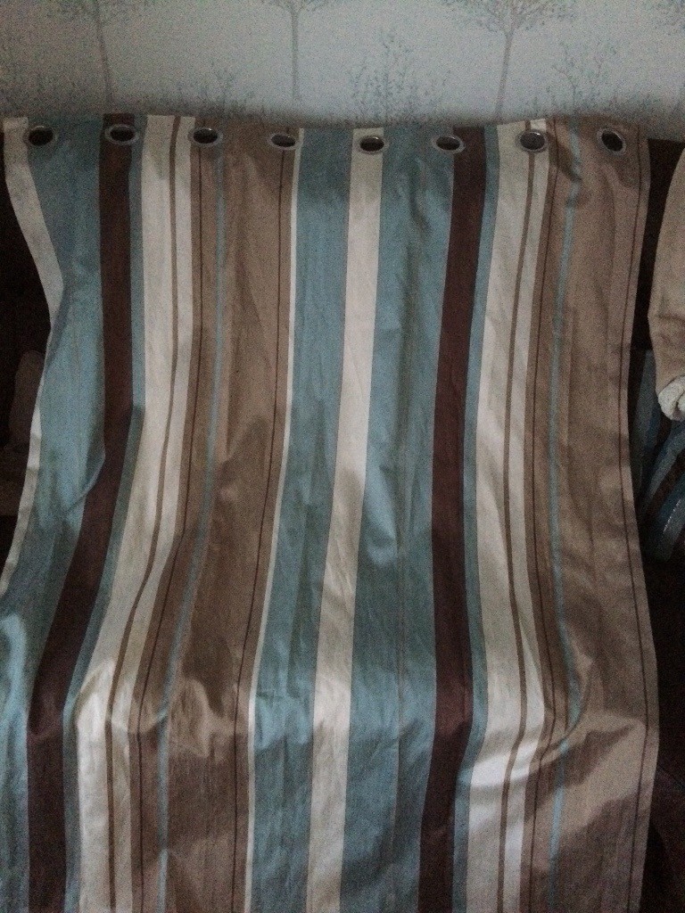 2 pairs of Duck egg blue, cream and brown striped curtains in