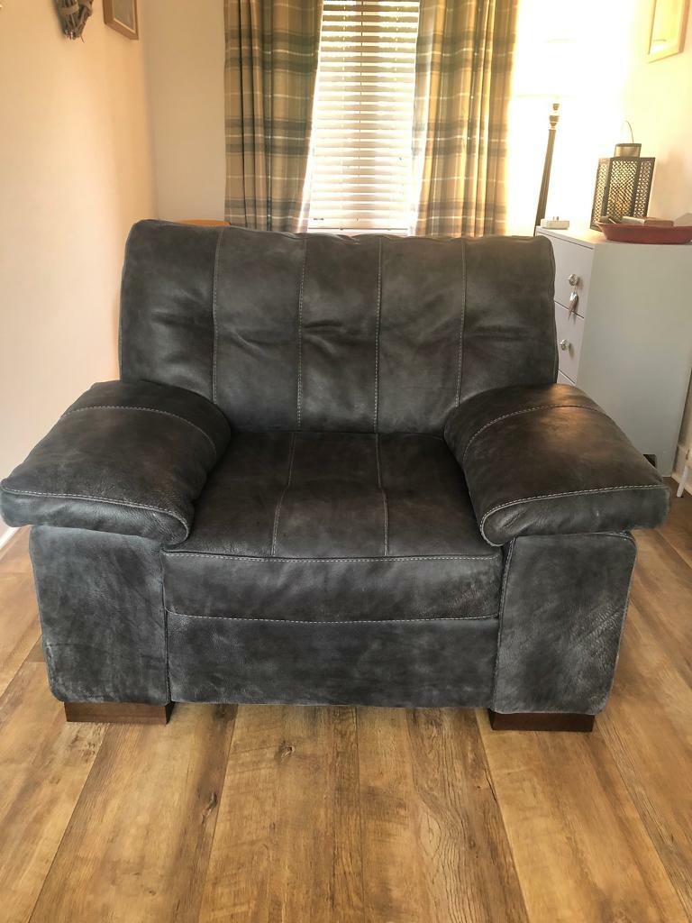 Grey DFS genuine leather 2 seater sofa & armchair in Montrose, Angus