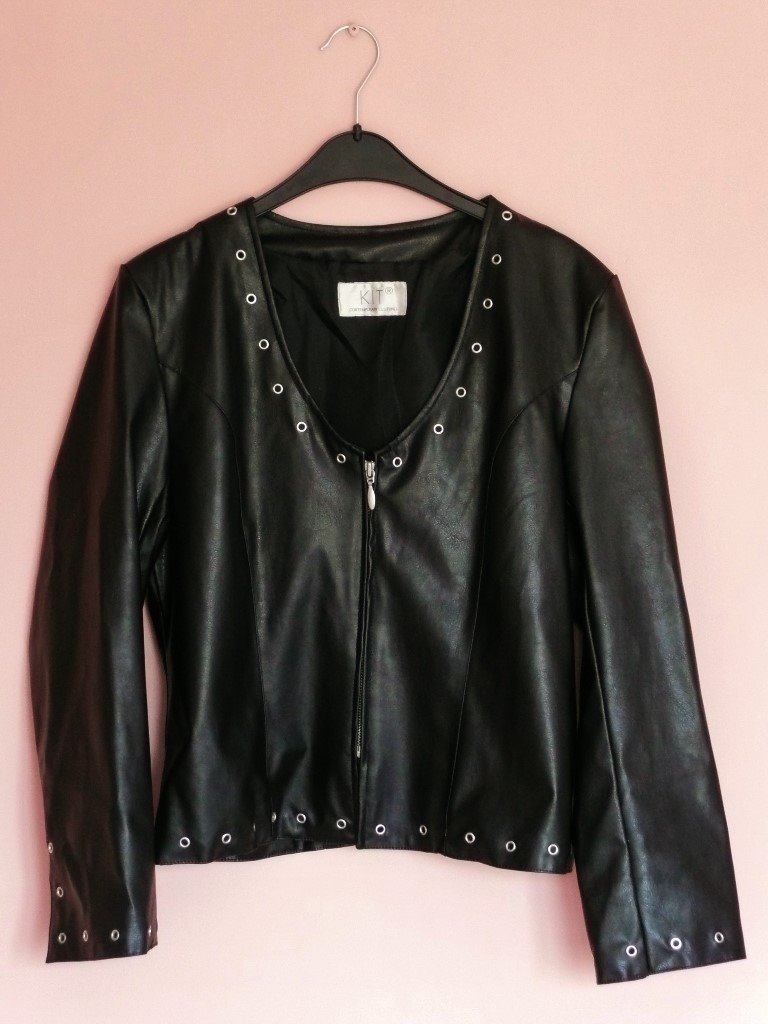 Womens Collarless Black Short Polyurethane / Faux Leather Jacket with