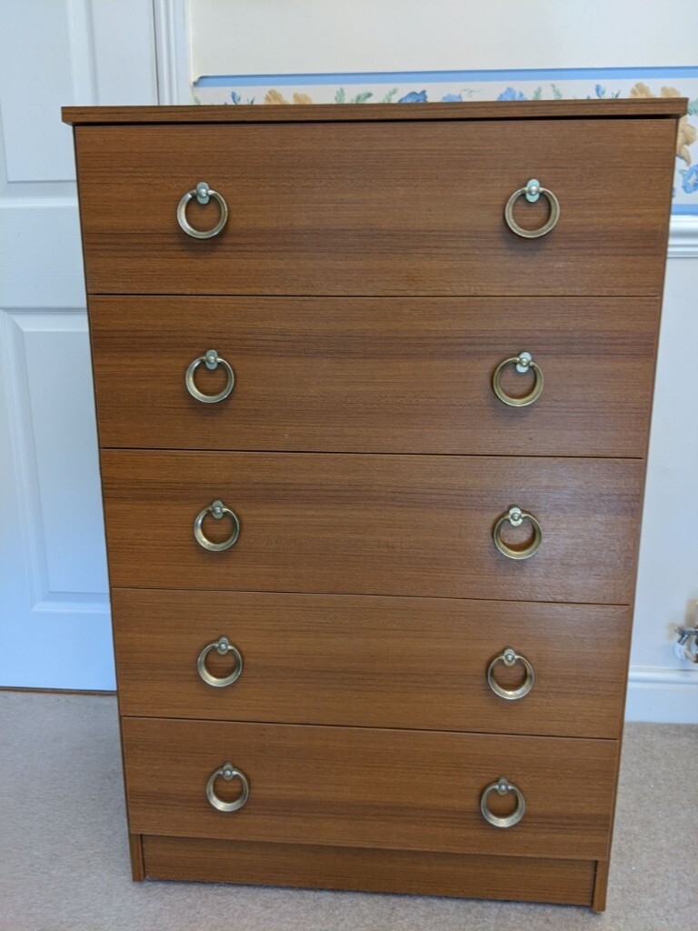 VINTAGE RETRO BROWN CHEST OF DRAWERS 5 DRAWERS 101.5CM H X 65.5CM W X