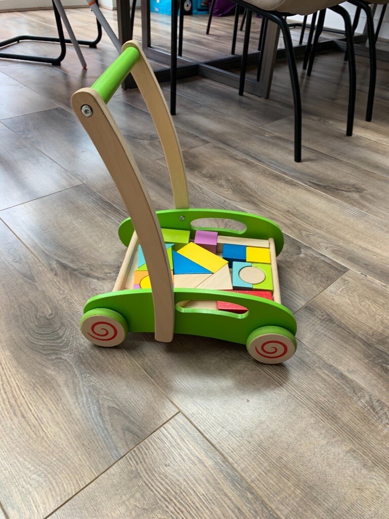 Wooden baby walker / cart toy with blocks in Cheltenham
