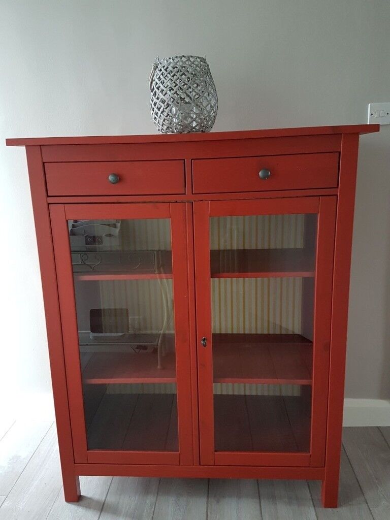 Red Ikea Hemnes Glass Fronted Linen Cabinet Cupboard In