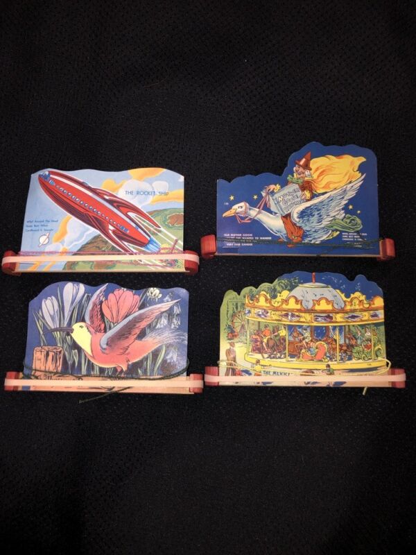 Vtg Cardboard Swirl Pull Toys Lot of 4 Rocket Ship Merry Go Round Mother Goose