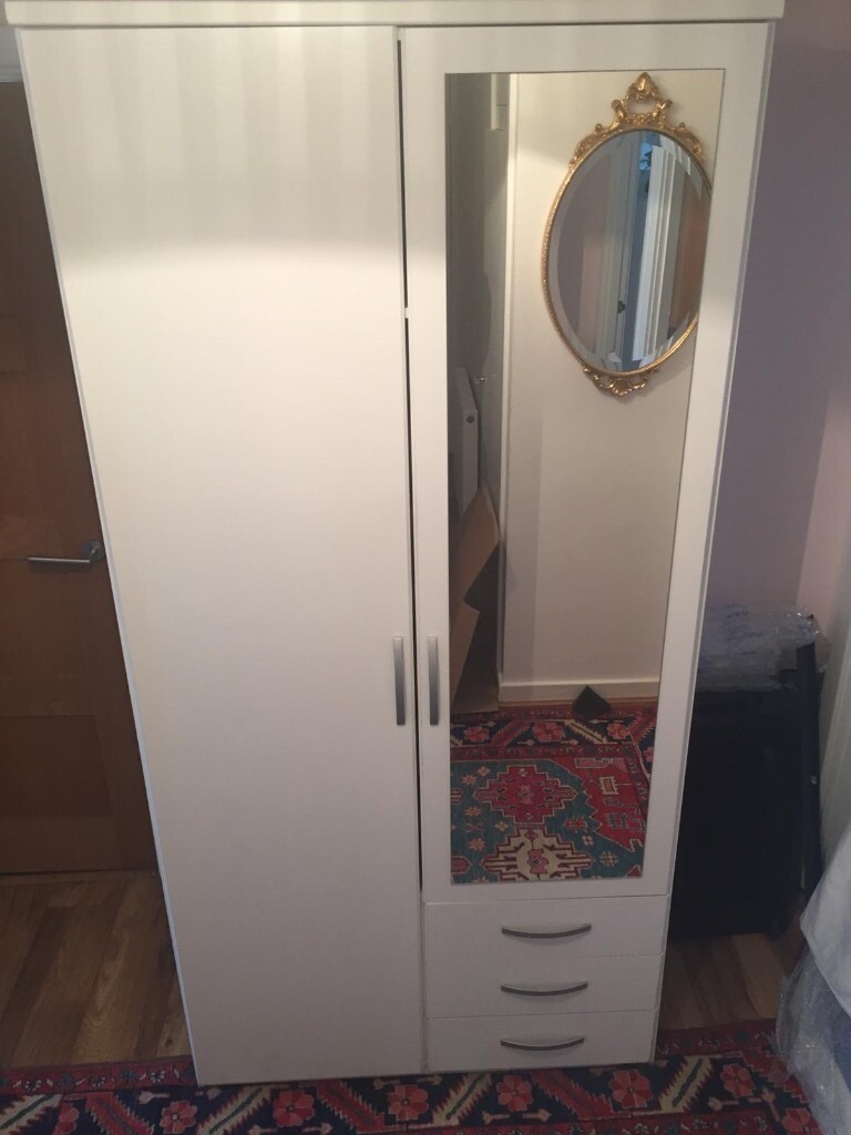 White mirrored double wardrobe. Good condition. in Hersham, Surrey