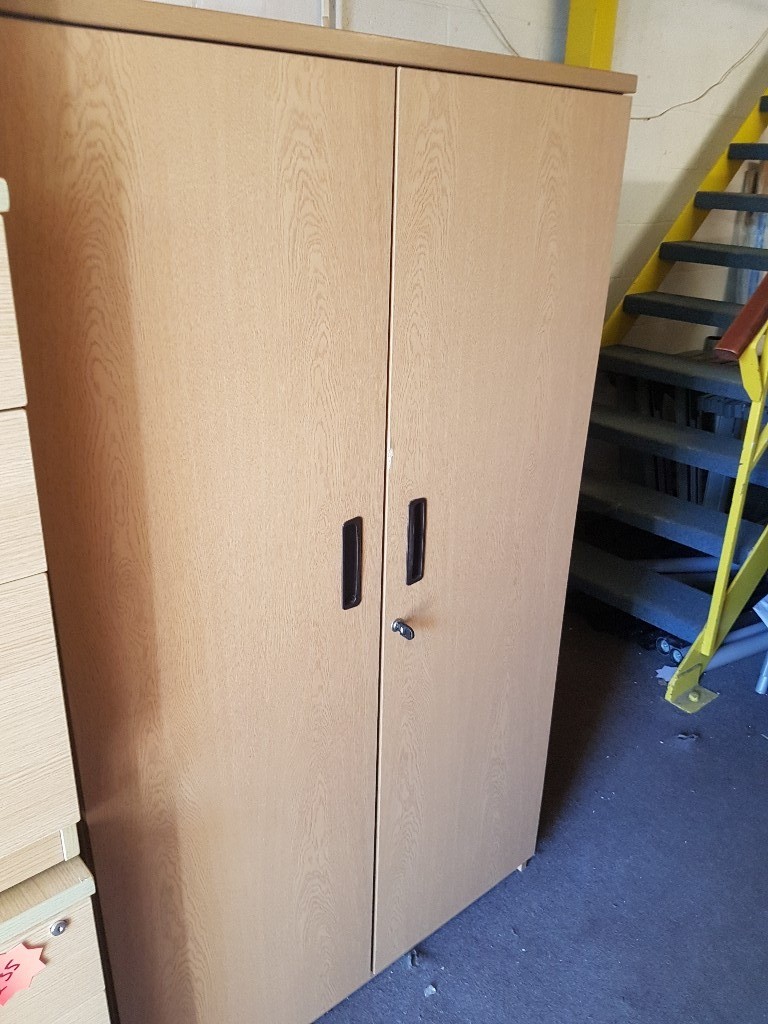 Lockable Large Oak wood effect office stationary cupboard with Key in