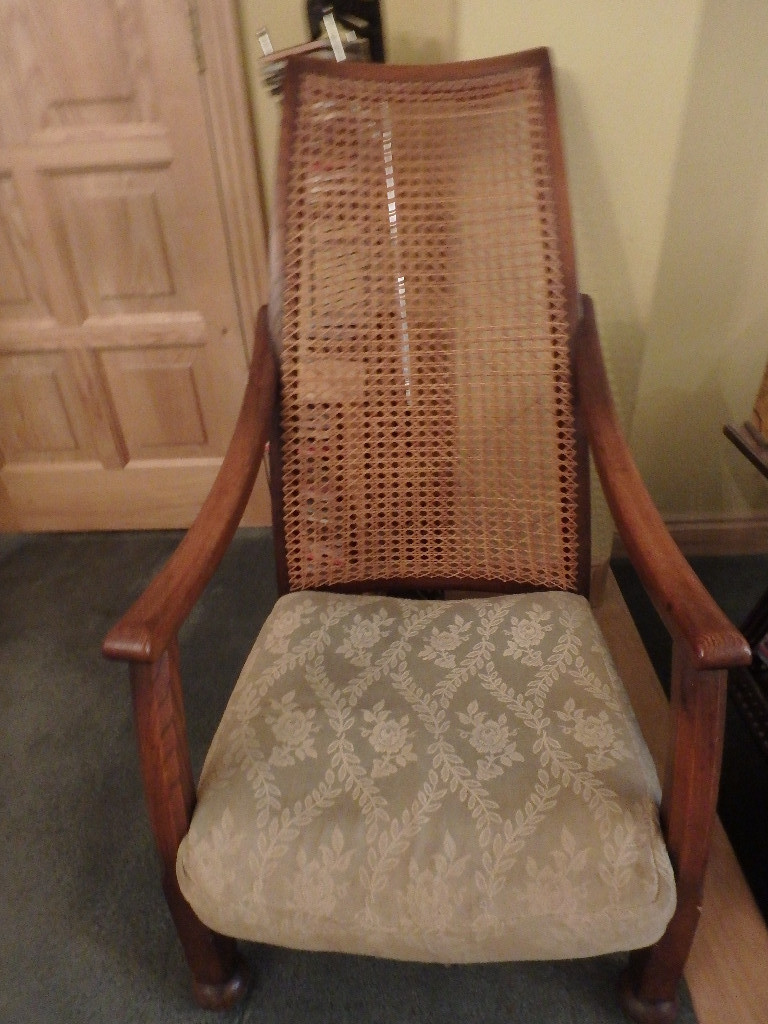 Antique Bergere Nursing Chair Solid Oak Frame Green/white Fabric Seat